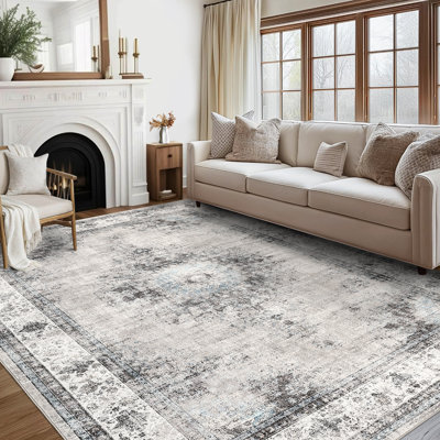 Machine Washable Rugs Oriental Floral Non-Slip Low Pile Rubber Backing Area Rug for Living Room Bedroom Kitchen Dining Room