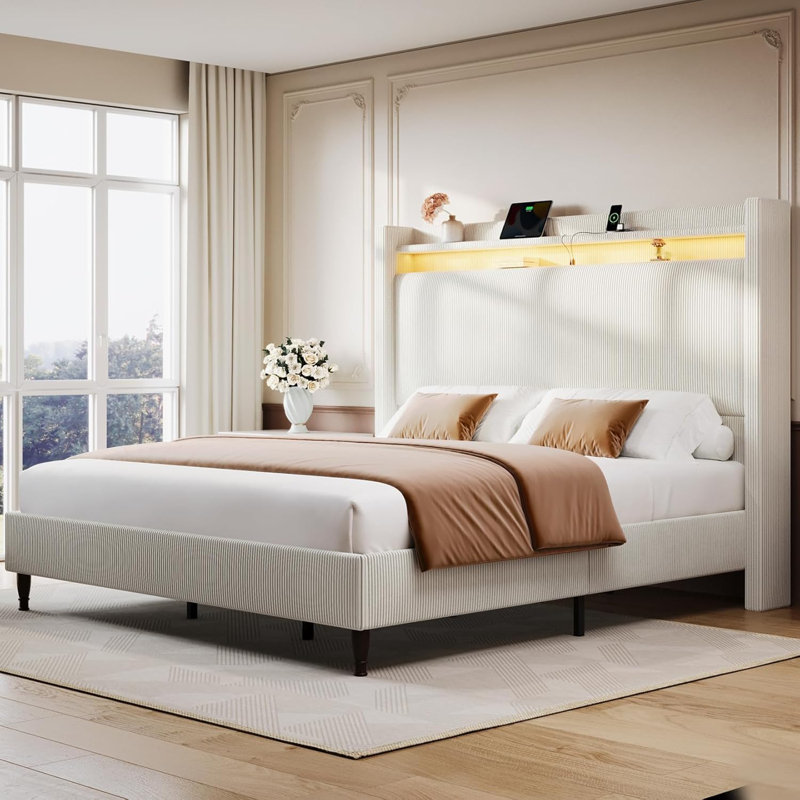 King Size Corduroy Upholstered Wingback Platform Bed Frame With Storage Headboard & Charging Station, Cream, Cream, King