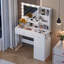 Bureau de maquillage avec miroir et 3 modes d'éclairage, 2 tiroirs et armoire-116025301