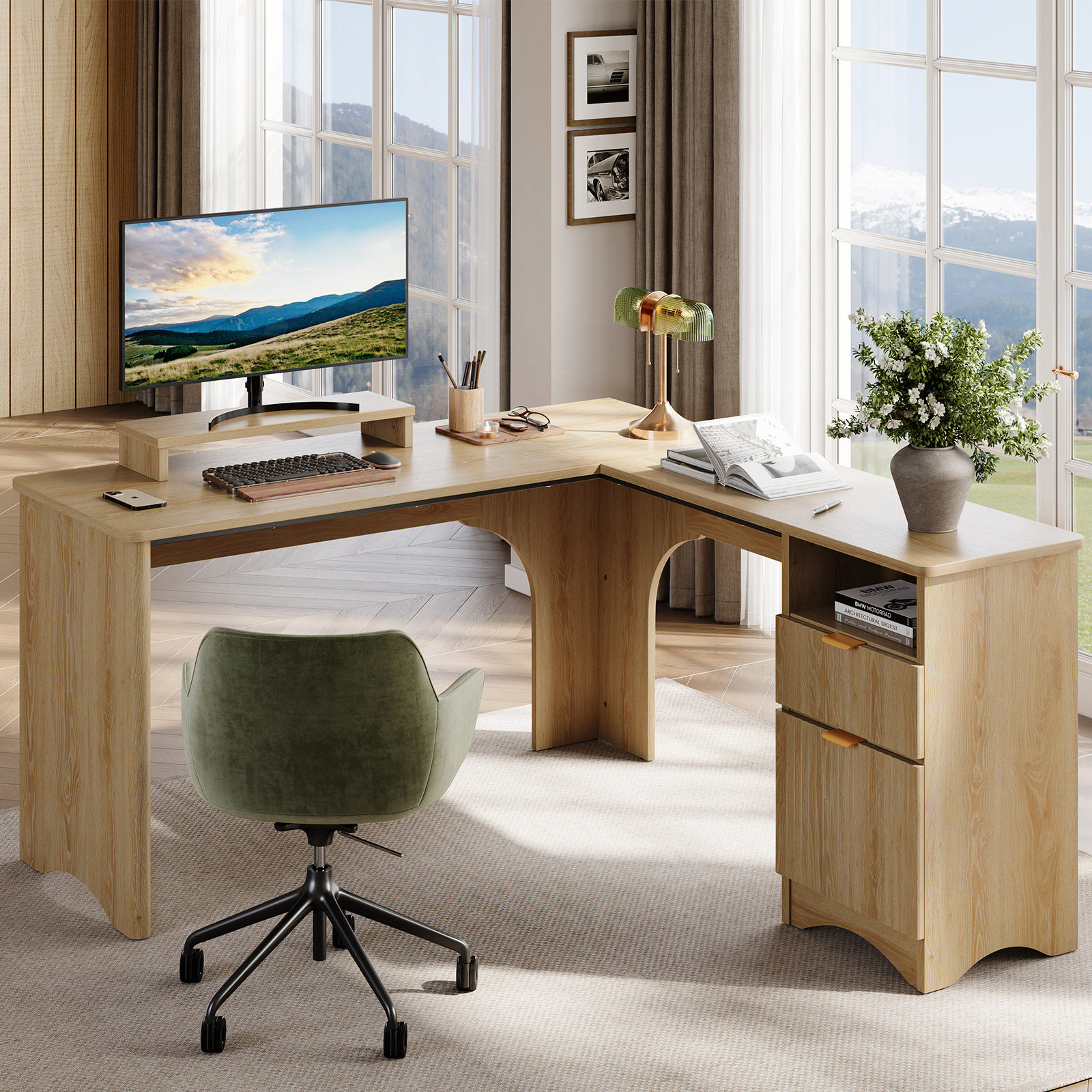 55'' L Shaped Executive Computer Desk with File&Storage Drawers,Home Office Writing Desk with Monitor Stand and Open Compartments
