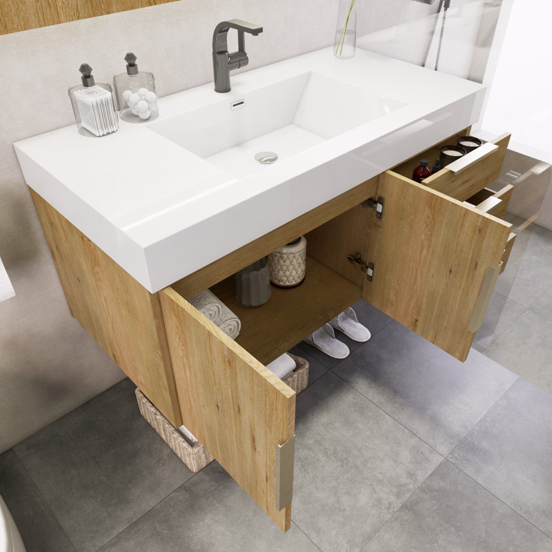 Meuble-lavabo mural simple 41,9 po avec plateau en acrylique renforcé Marck, Chêne