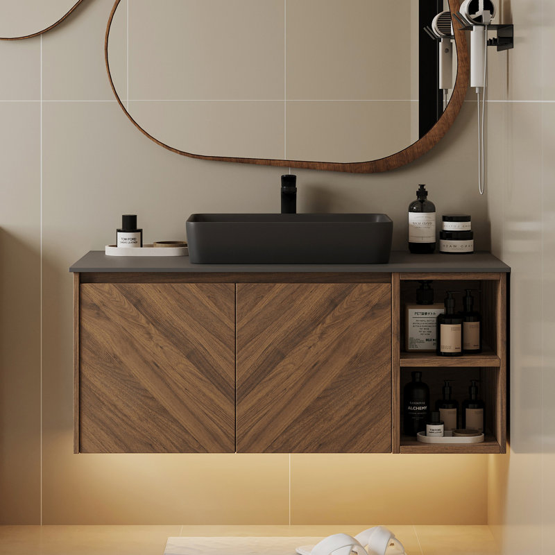 Meuble-lavabo simple 36 po avec comptoir en pierre, vasque, plateau de table en pierre frittée, meubles-lavabos à fixation murale