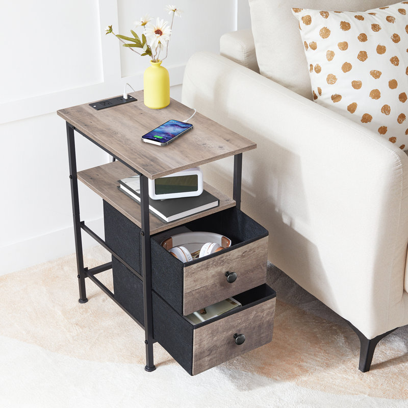 Narrow End Table with Charging Station, Gray/Black, 23.6" H x 18.9" L x 11.8" D