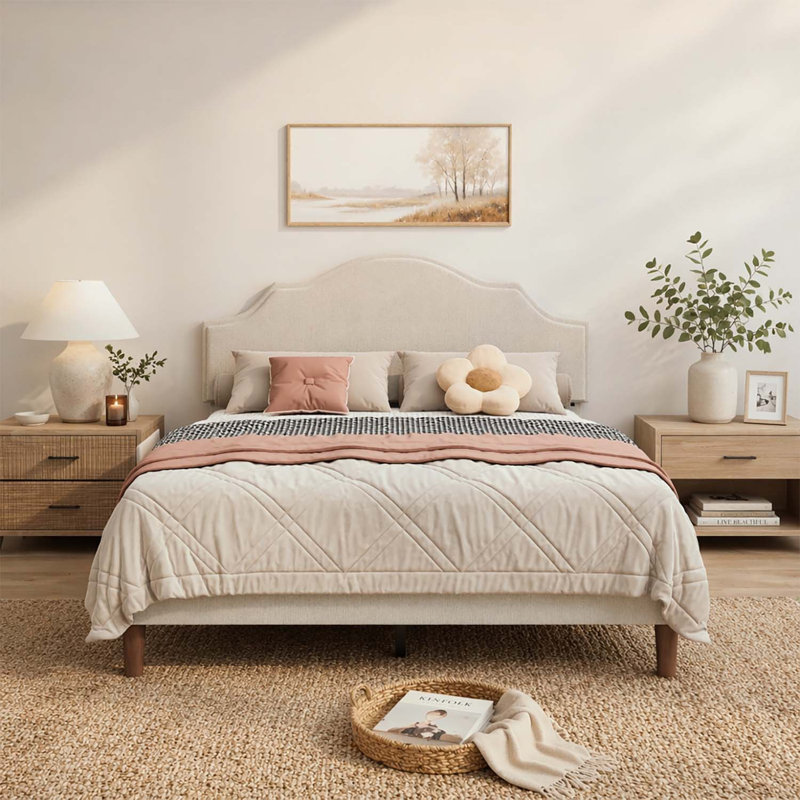 Lit plateforme moderne de style simple avec tête de lit réglable, sans sommier tapissier, Queen Size