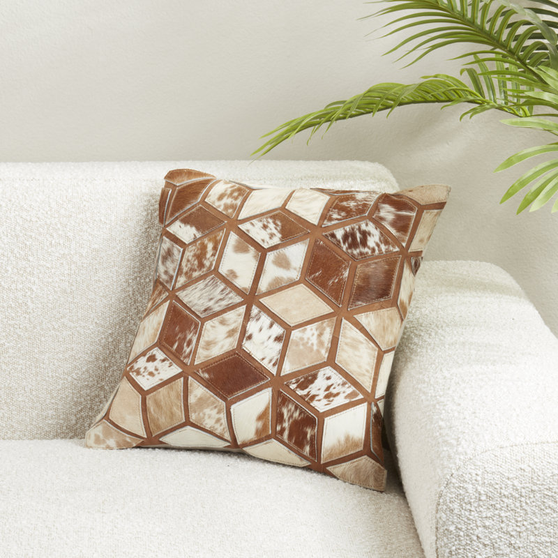 Diamond Patchwork Hair-On Leather Pillow, No Insert, Brown