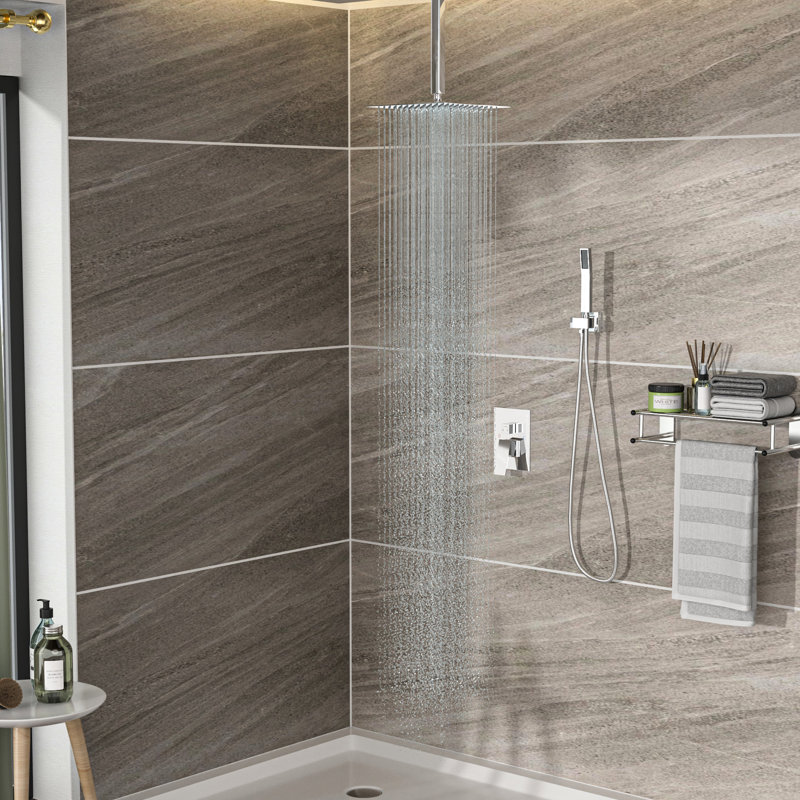 Dual Shower Head Kit - 16" Square Ceiling Mount System In With -Balanced Valve, Rainfall And Handheld, Easy Installation Noise Resistance 16 Inch & Cleanliness