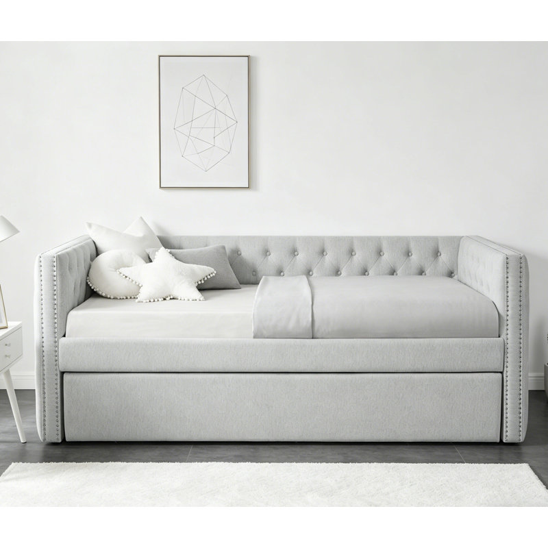 Luxueux lit de jour moderne capitonné à boutons capitonnés 1 pièce, Twin XL, Light Grey
