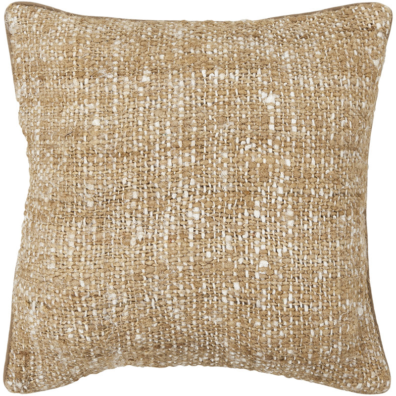 Jute & Wool Blend Removable Cover Pillow Throw Authentic Handmade Square Polyester Fill Natural Non-Reversible Textured Weave With Khaki Brown Cotton Backing