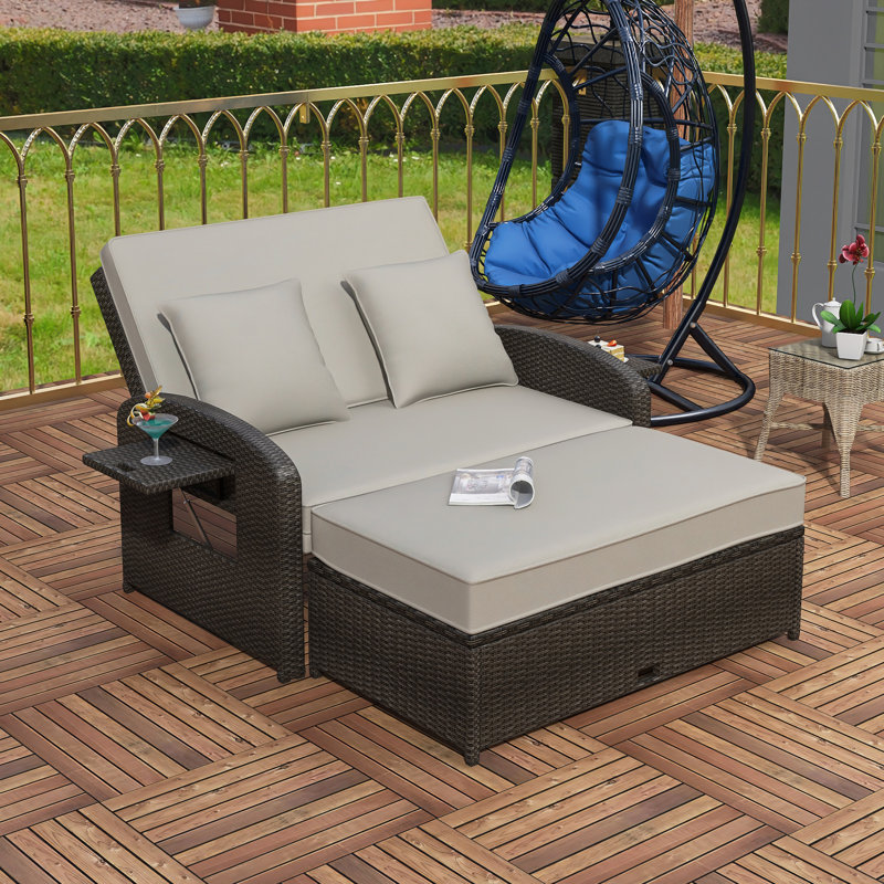 Chaise longue double en rotin PE pour 2 personnes avec dossier réglable et coussins, Gris