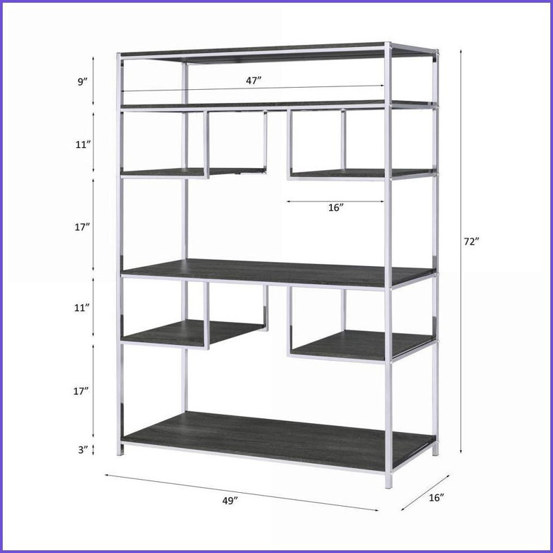 Bibliothèque avec finition chêne gris rustique & amp; Cadre en métal chromé, 7 tablettes ouvertes | Gris | Chrome