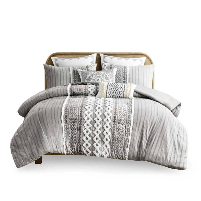 Édredon très grand / très grand, coton gris avec chenille, texture, rembourrage, 2 taies décoratives, instructions d'entretien, très grand imprimé, envers uni, lavage à la machine et séchage assortis,