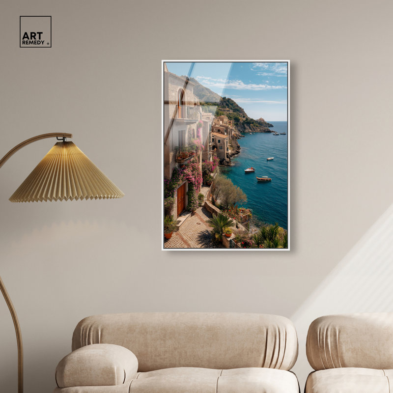 Bateaux au repos, reproduction murale encadrée à impression acrylique par Art Remedy, cadre blanc, 24 x 36, H 37 po x l 25 po