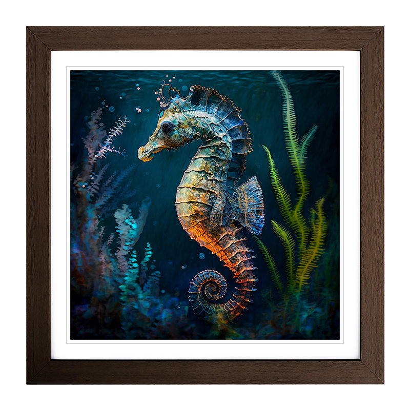 Seahorse Impressionism No.1 - Single Picture Frame Print on Wood, Walnut