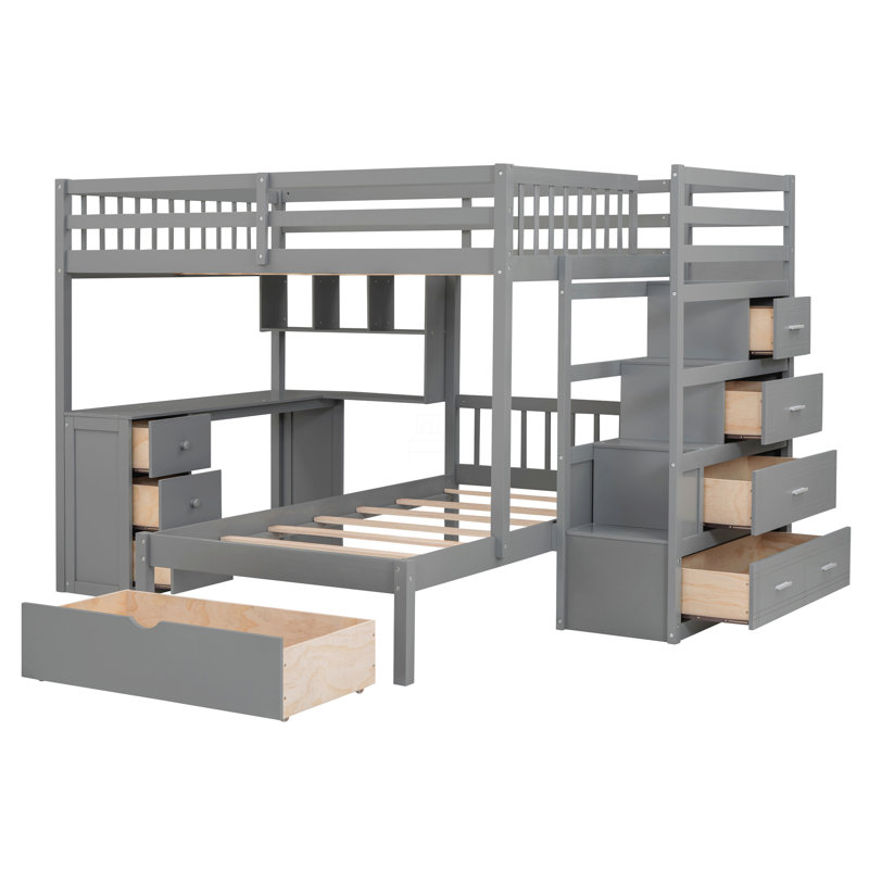 Lit superposé double au-dessus de simple avec bureau, tiroirs et tablettes, Gris