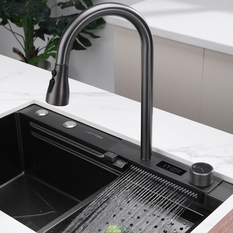Lefton 20.08'' W 304 Stainless Steel Waterfall Kitchen Sink Set, KS2204-2A