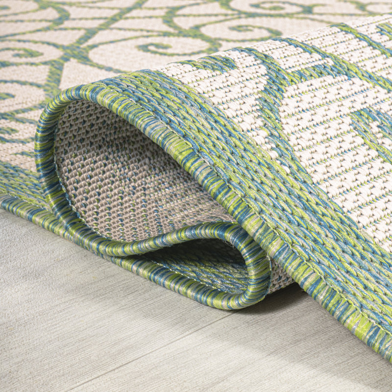 Deronte Vintage Filigree Textured Weave Cream/Green Indoor/Outdoor Rug, Runner 2'2" x 10'