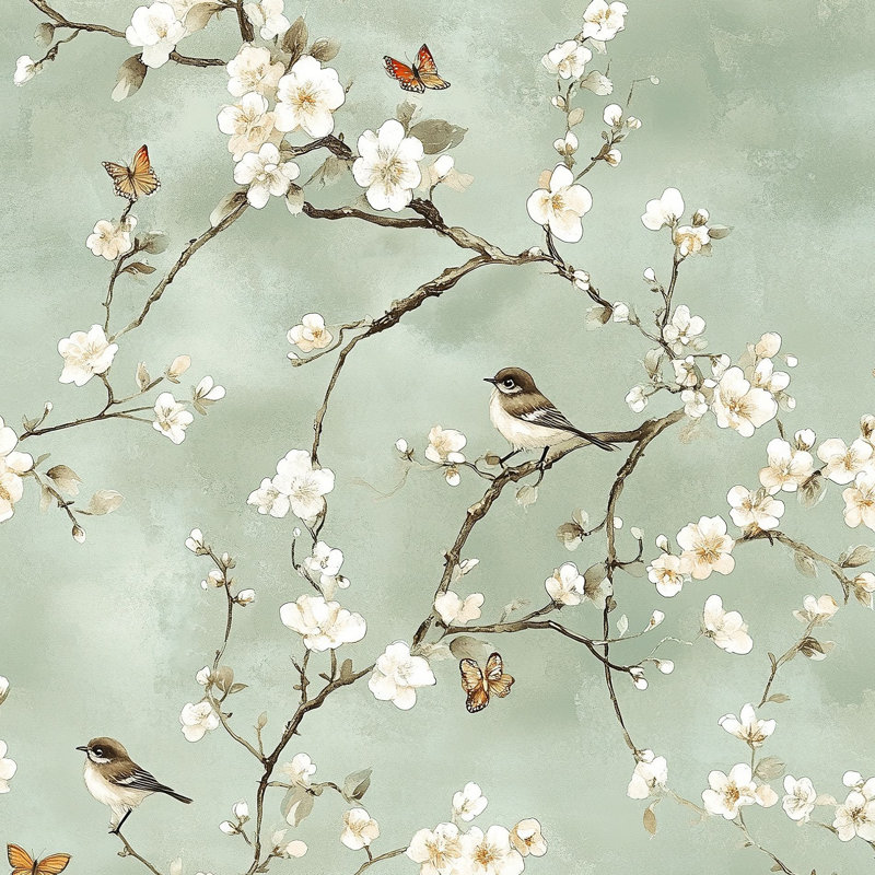 Rouleau de papier peint à motif de fleurs de cerisier vert sauge