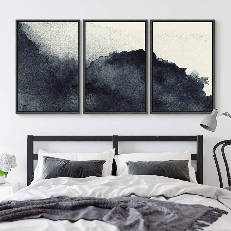 «Triptych Faded Gradient Zen Ink Dots Abstract», reproduction d'art sur toile encadrée 3 pièces, Cadre noir