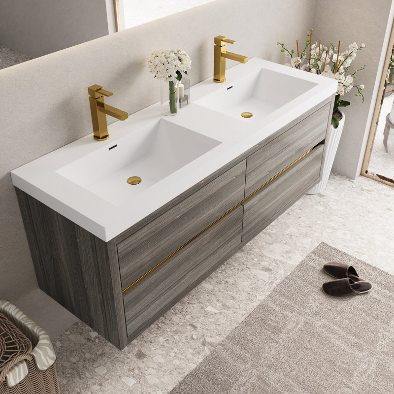 Meuble-lavabo de salle de bain à double cuve flottant gris cendré 60 po, spécifications de comptoir en résine de pierre, structure de tiroir à fermeture en douceur, base pré-assemblée pour une utilisation efficace, conception de volume de rangement en U, bois