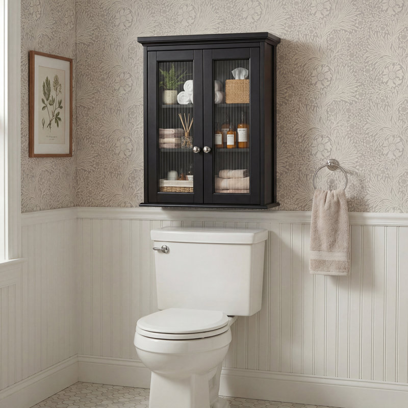 Armoire murale cannelée en verre avec plateau décoratif et charnières à fermeture en douceur, Black