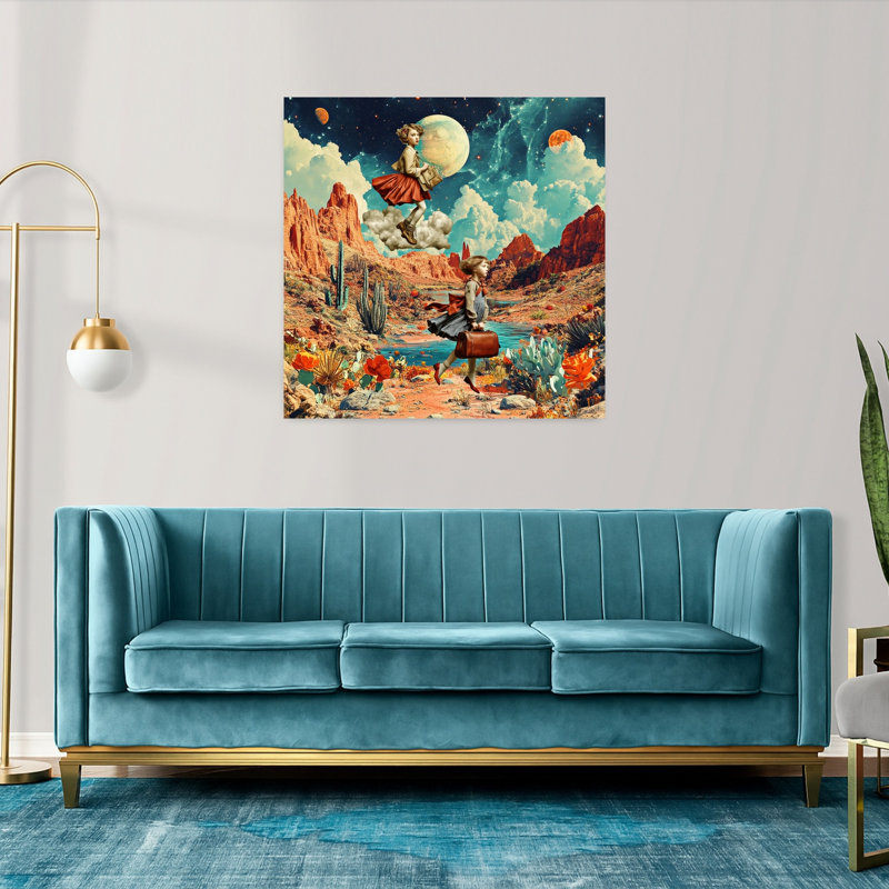 «Dreamy Desert Adventure», art mural de paysage de cheval de cactus rétro coloré