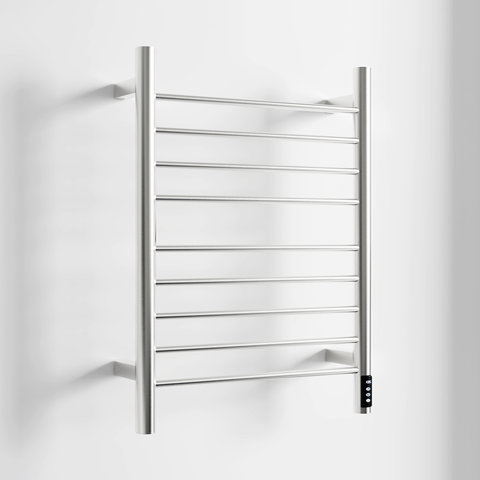 Wall-mounted silver heated towel rack with ten horizontal bars and a digital control panel on the right side.
