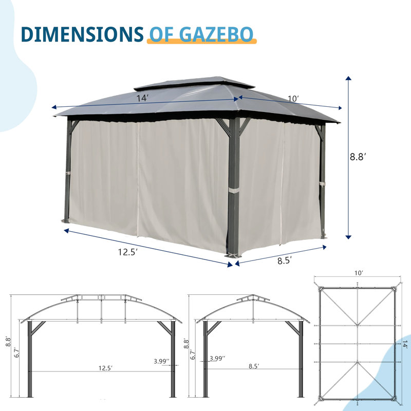 Pavillon de jardin 10 x 14 pi, gris Double ventilation sur le toit, filet. Structure en métal robuste. . Spacieux pour 6 à 8 personnes. Cour arrière, utilisation de la terrasse - Toit ventilé, tissu. Pour le patio,