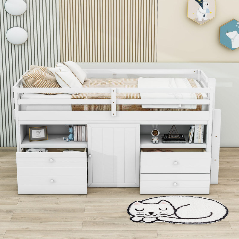 Lit pour enfant avec tiroirs et tablettes Jeani, Blanc