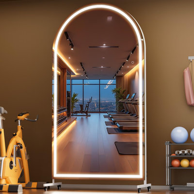 Home Gym Arched LED Mirror 360° Swivel on Wheels with Lights,Extra Large Full Body Rolling Mirror, Tempered Glass Easy to Move Full Length Mirror for Yoga Studio, Bedroom, Dancing Studio 3-Year Warranty