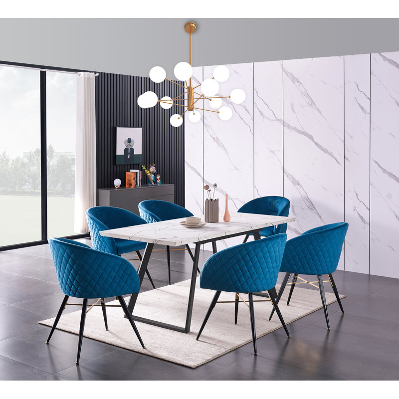 Goddard 6 Person Dining set - a Rectangular Extendable Dining Table with Metal Legs and a Set of 6 Quilted Velvet Dining Chairs for Dining Room - Modern Dining Table Set