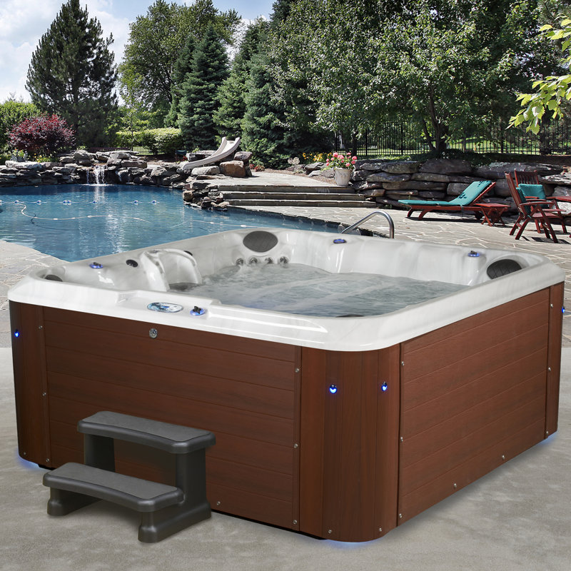 Redwood and Gloss White 6-Person Square Hot Tub with 100 Jets