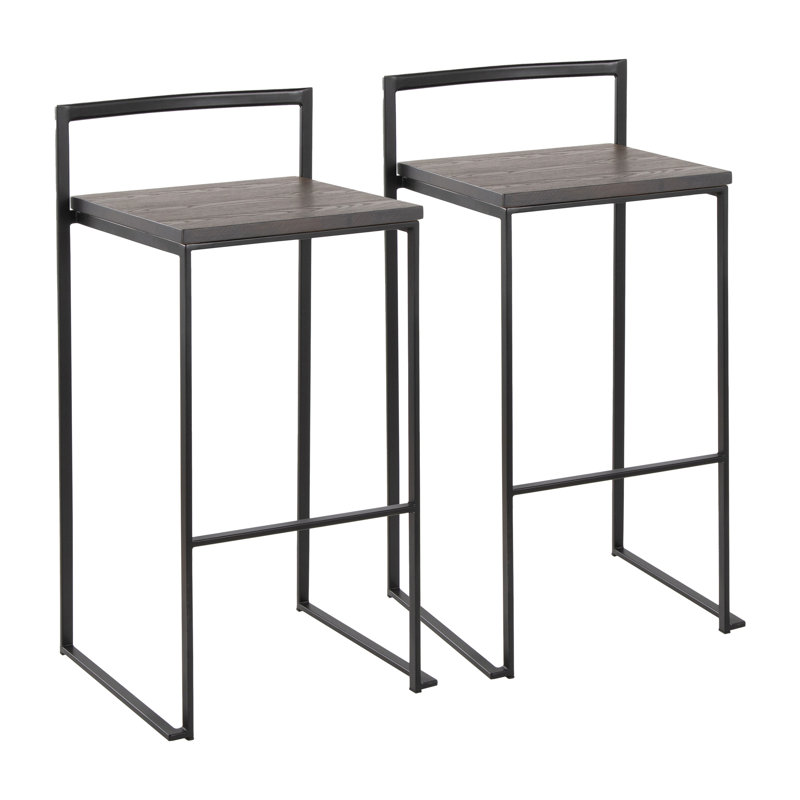 Tabouret de bar empilable de 76 cm (30 po) en métal noir avec siège en bambou grainé couleur espresso - Paquet de 2