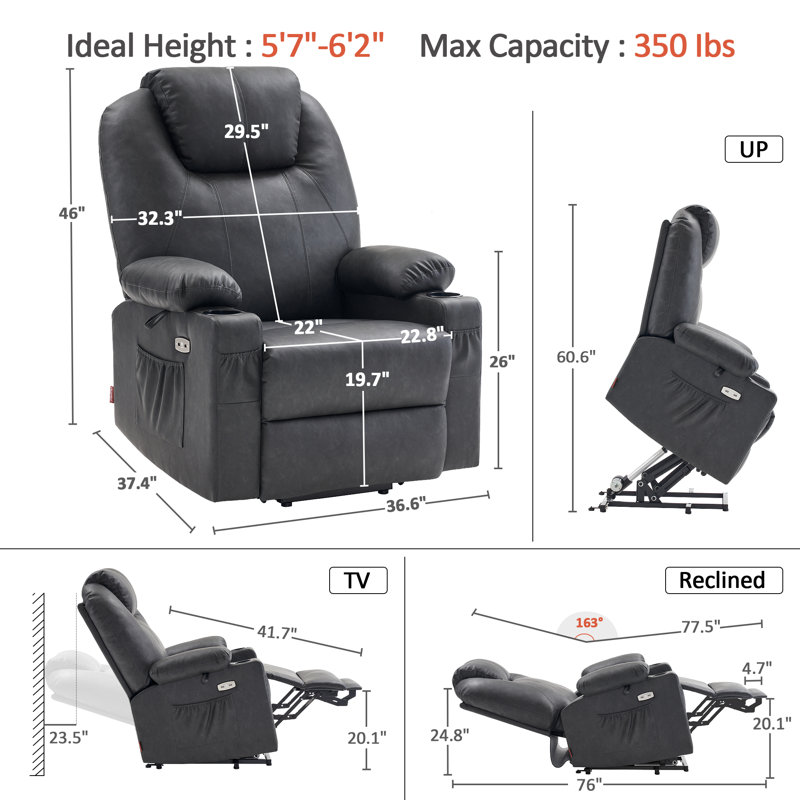 22.8" Wide Dual Motor Power Recliner Lift Chair with Massage and Heat, Infinite Position, Faux Leather, Gray Faux Leather