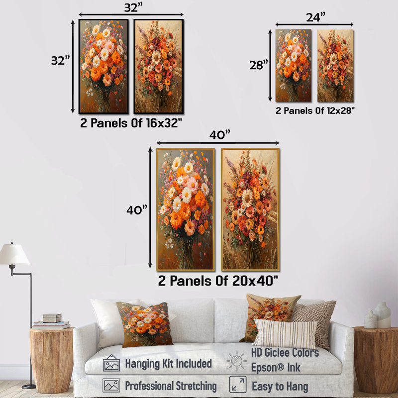 Assortiment de bouquets d'automne symphonie brune I - décoration murale florale 2 panneaux, H 28 po x l 25 po, Toile tendue
