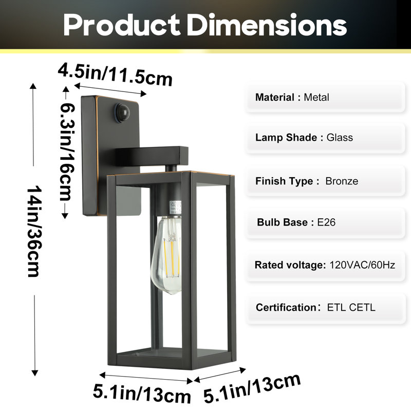 Ulonda Wall Light with Motion Sensors, Bronze, 14" H x 5" W x 5" D, 1 Light