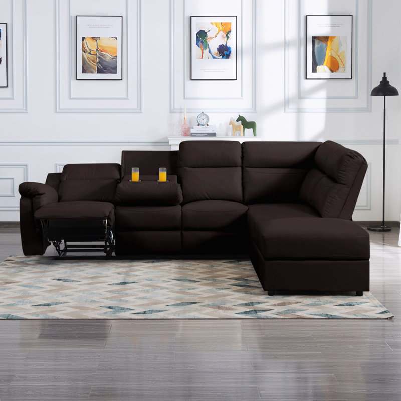 Emsal Faux Leather Reclining Sectional Right Hand Facing, Brown Faux Leather