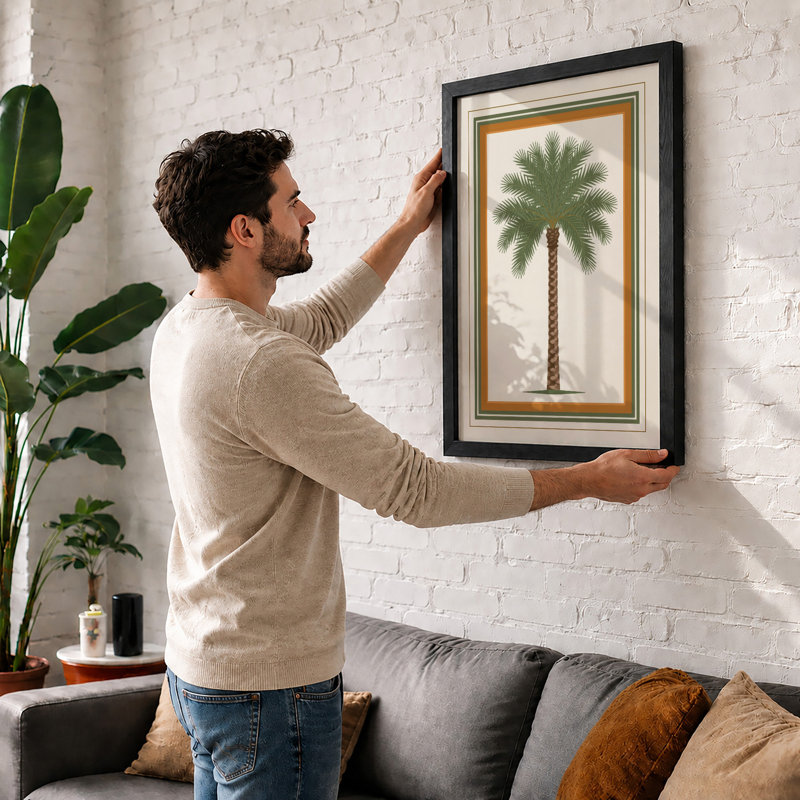 Solitary Palm Study Botanical - Framed Print, A2 - 59.4 x 42.0 cm, White