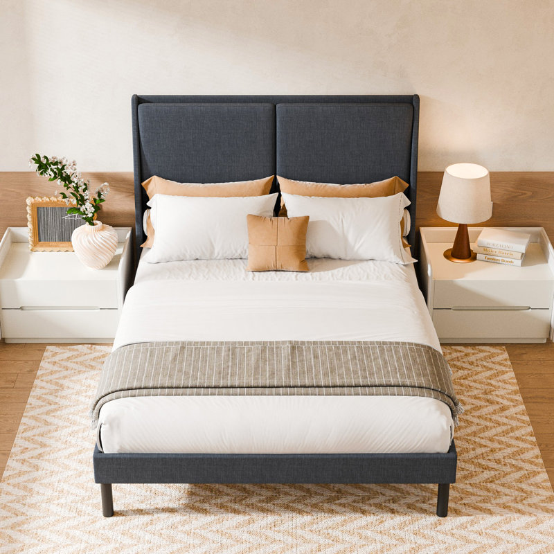 Double Backrest Platform Bed Frame With 51.2" Upholstered Headboard And Wooden Slats, Queen, Navy Blue