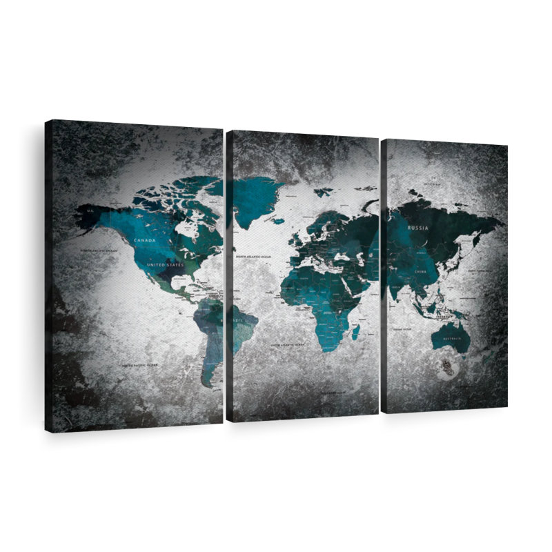 «Aged World Map XLI» sur toile, reproduction de 3 pièces, H 20 po x l 33 po x P 1,25 po