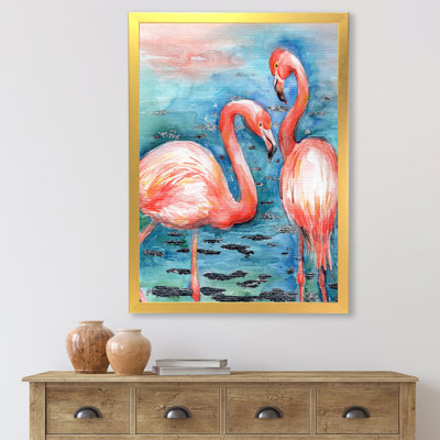 Flamants roses dans l'eau bleue I - reproduction de photo sur toile