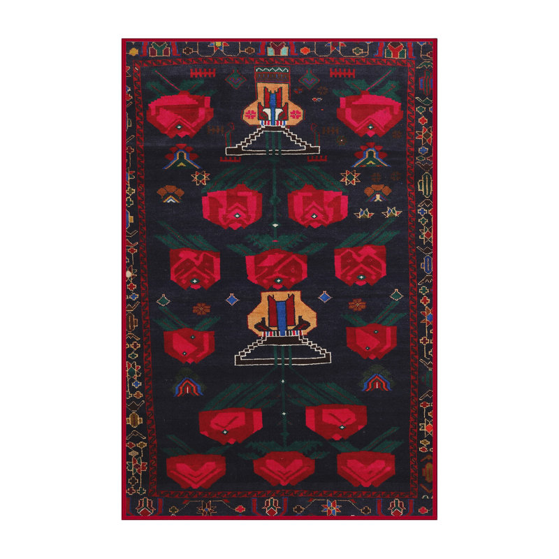 Tapis traditionnel rouge / noir, Rectangle 5 pi x 7 pi