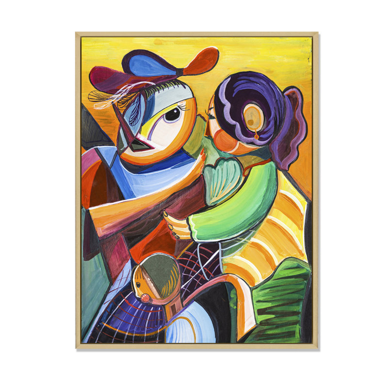 Abstrait deux femmes rencontrant - peinture, H 20 po x l 12 po x P 1 po, Cadre flottant brun