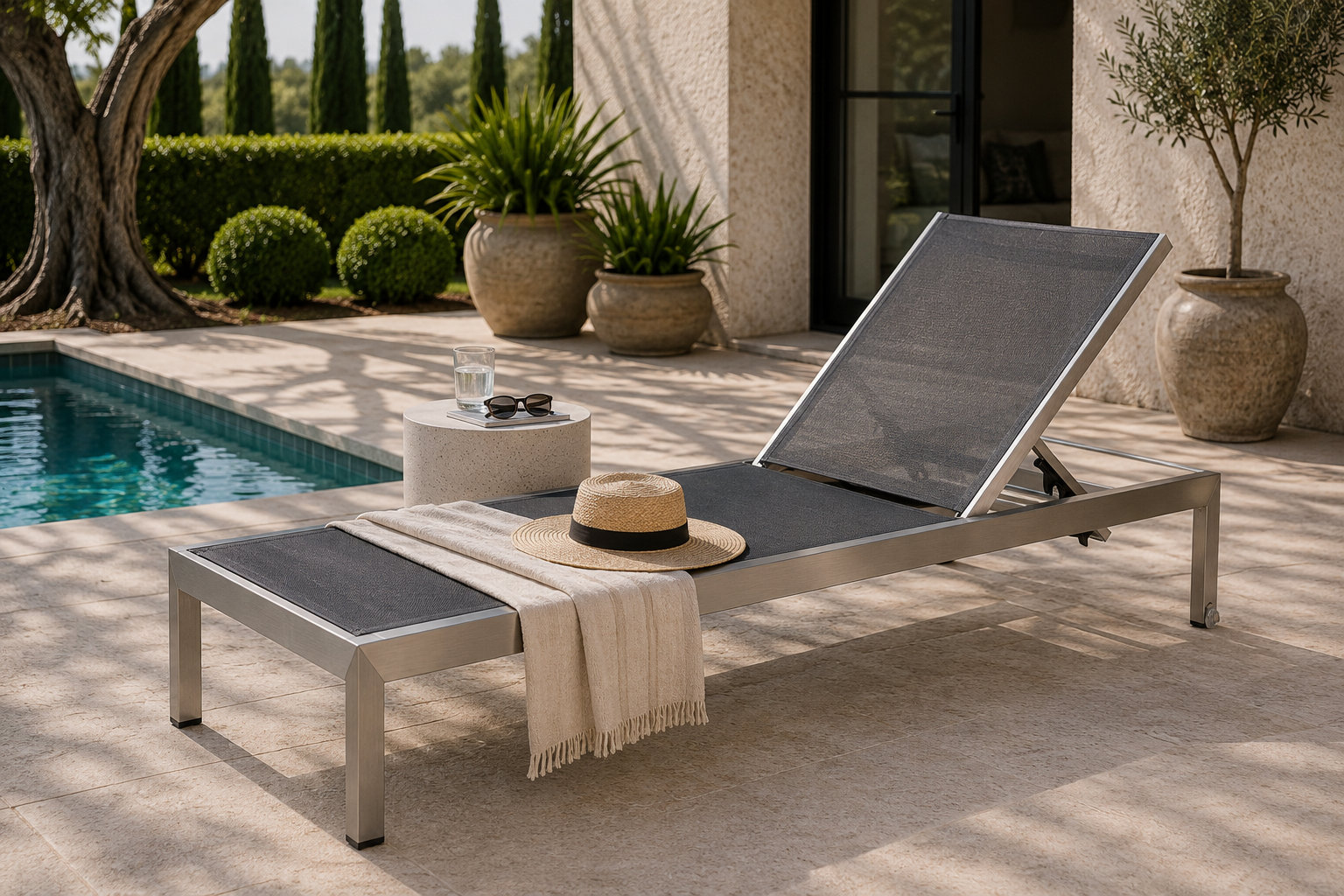 Aynura Outdoor Aluminum Chaise Lounge, Gray/Black