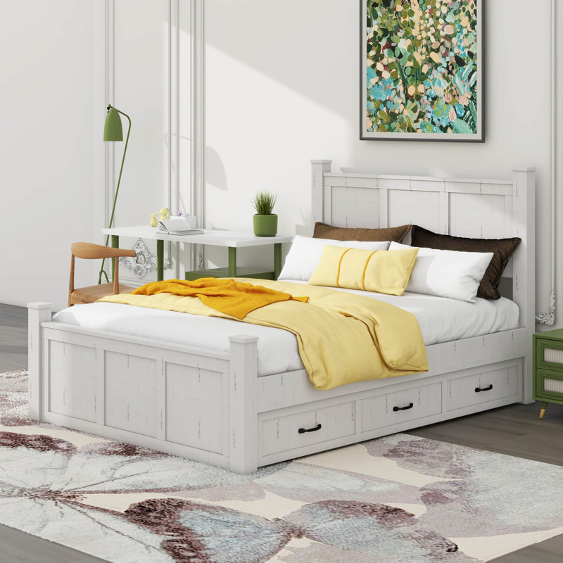 Farmhouse Style Wood Panel Bed Frame Four Square Poster Bed With Three Storage Drawers,King, Queen