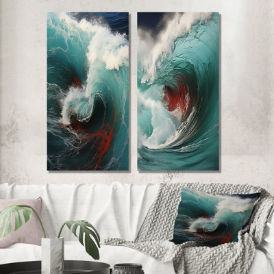 Vague rouge, vert, merveille colorée - ensemble de 2 impressions sur toile côtière