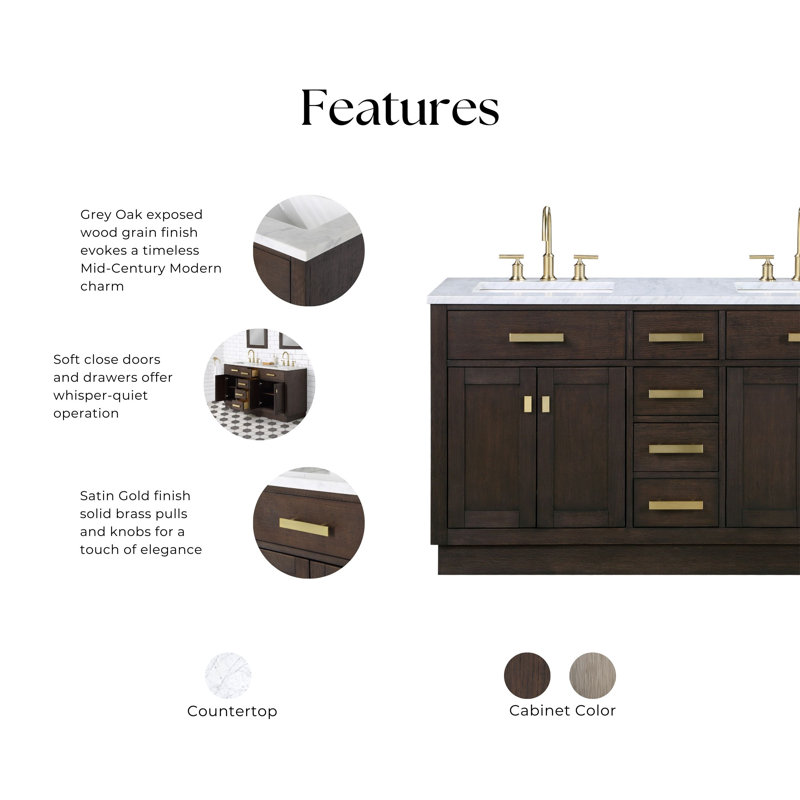 Chestnut 60" Carrara White Marble Countertop Bath Vanity with Mirror, Brown Oak