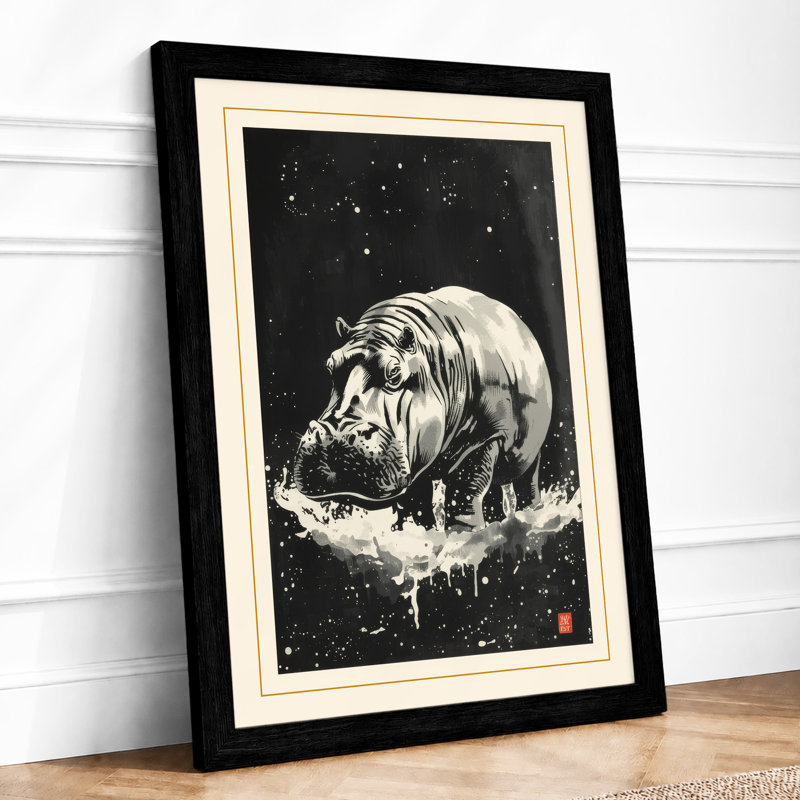 Hippopotamus Under Stars Japandi - Framed Print, A3 - 42.0 x 29.7 cm, Black