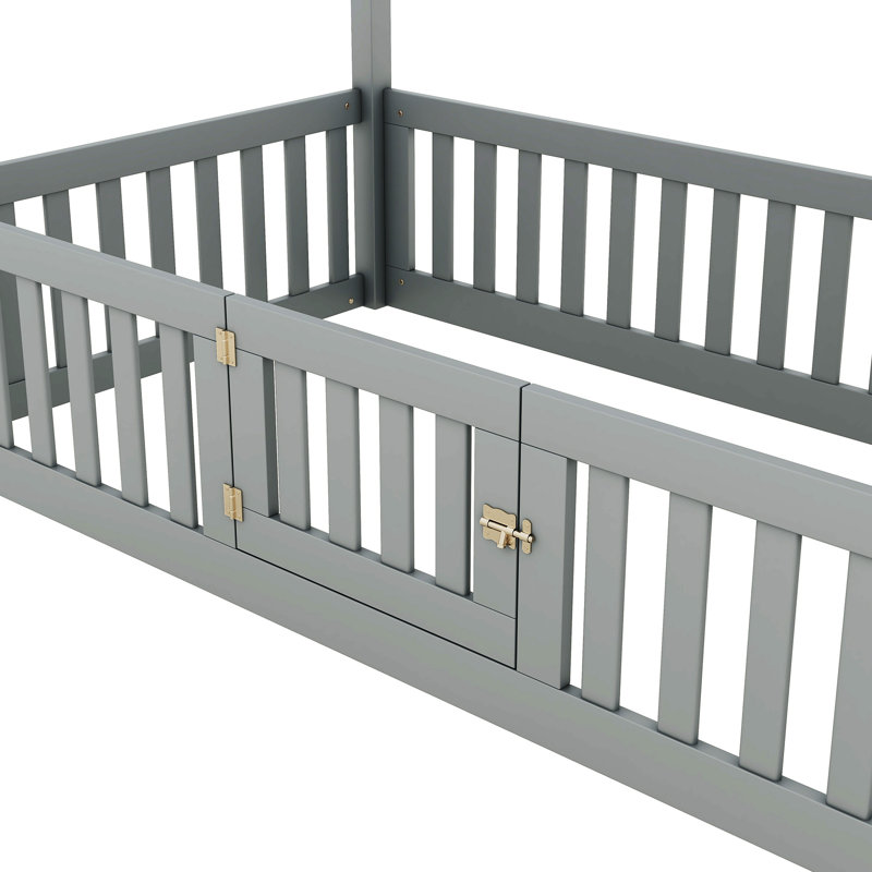 Lit simple gris avec clôture, porte - clôture en pin et robuste