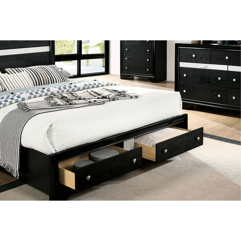 Grand lit avec tiroirs - Option de tête de lit noir moderne et pratique, Grand lit, Noir