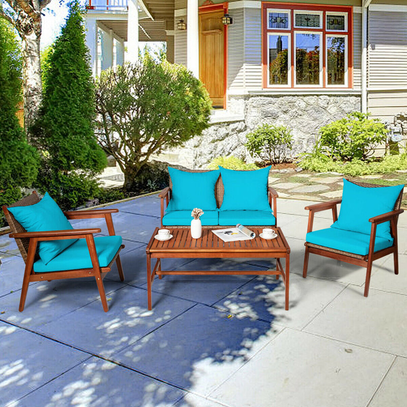 Acacia 8 - Person Patio Conversation Set with Cushions, Turquoise, Natural
